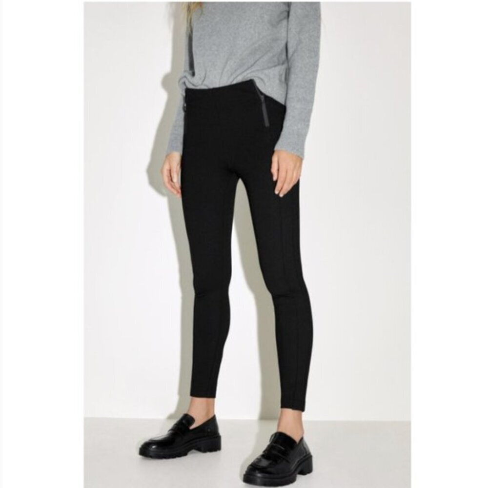 ZARA STRETCH BLACK ZIPPERED MID-RISE LEGGING PANT TROUSERS Sizes XS, S NWT